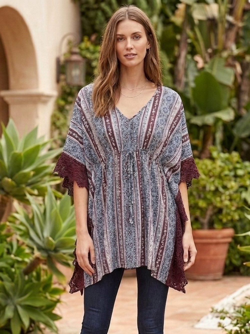Boho Striped V-Neck Tunic Top with Lace Trim -Purple/Blue